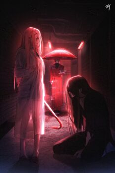 Rule 34 | 1girl, 2boys, absurdres, bbabbamis2, black hair, black kimono, blood, bloody weapon, coat, commentary request, crowbar, glitch, hallway, adashino adami, highres, holding, holding crowbar, holding umbrella, homicipher, indoors, industrial pipe, japanese clothes, kimono, korean commentary, long hair, mr. crawling, mr. scarletella, multiple boys, pink hair, raincoat, red coat, red light, red umbrella, see-through clothes, see-through raincoat, skirt, umbrella, very long hair, weapon