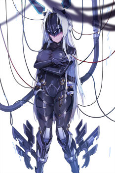 1girl bodysuit breasts cable female_focus highres kanola_u large_breasts long_hair mecha mecha_musume plug robot science_fiction skindentation soccer_spirits solo white_hair wire