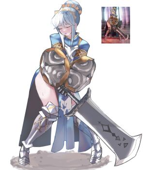 1girl arm_shield armor armored_boots blue_hair blush boots braid braided_bun breastplate buckler clasp closed_eyes commentary defeat dress earrings english_commentary eyelashes fighting_stance full_body gloves hair_between_eyes hair_bun hairband highres holding holding_sword holding_weapon jewelry juneplums knees_together_feet_apart long_hair open_mouth reference_inset shield sidelighting solo standing sweatdrop sword thighs unicorn_overlord virginia_(unicorn_overlord) warrior weapon white_background