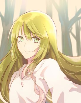 1other androgynous commentary_request enkidu_(fate) fate/strange_fake fate_(series) foreshortening green_eyes green_hair haniwa_yyi highres long_hair other_focus robe smile solo tree upper_body white_robe