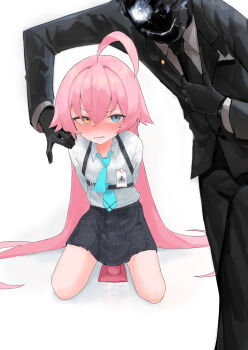 1boy 1girl absurdres adjusting_clothes adjusting_necktie ahoge arms_behind_back bad_id bad_twitter_id black_gloves black_necktie black_skirt black_suit_(blue_archive) blue_archive blue_eyes blue_necktie blush dildo dildo_riding forced formal_clothes gloves glowing glowing_eyes hair_between_eyes heterochromia highres hogo_(otora50) hoshino_(blue_archive) kneeling leaning_to_the_side loli long_hair looking_at_viewer necktie pink_hair sex_toy shirt simple_background skirt suction_cup_dildo suit tearing_up tears very_long_hair white_background white_shirt yellow_eyes