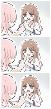 2girls anger_vein bang_dream! bang_dream!_it's_mygo!!!!! bite_mark biting biting_finger blue_eyes brown_hair chihaya_anon commentary_request highres jacket long_hair long_sleeves lyy multiple_girls nagasaki_soyo pink_hair pink_jacket three-quarter_sleeves yuri