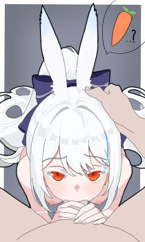 69rev_ animal_ears breasts carrot fellatio hair_ribbon len_(maplestory) oral rabbit_ears rabbit_girl red_eyes ribbon white_hair