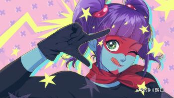 1girl blue_skin colored_skin gloves green_eyes hair_ornament looking_at_viewer makeup multicolored_hair official_art one_eye_closed purple_hair red_scarf ribbon scarf shirt solo tongue tongue_out toujima_tanzaburou_wa_kamen_rider_ni_naritai twintails yukarisu