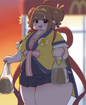 1girl ahoge bag black_eyes blue_skirt blush bow breasts brown_hair double_bun embarrassed fat fat_woman hair_bun hair_ornament hair_stick hairband highres holding holding_bag imadake_dabuchi_tabemi imadake_tsukimi_tabemi japanese_clothes kimono mcdonald's medium_breasts nantekottai25 obi open_mouth plastic_bag sash skirt solo standing sweat thick_thighs thighs wristband yellow_hairband yellow_kimono