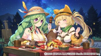 2girls :3 absurdres bare_shoulders blonde_hair blush braid breasts cezanne_(girls_creation) cleavage clenched_hands closed_eyes closed_mouth copyright_name copyright_notice corset cup detached_sleeves eating food food_on_face girls_creation green_hair handkerchief happy hat highres holding holding_handkerchief huge_breasts large_breasts long_hair low_twin_braids manet_(girls_creation) mountain multiple_girls nauribon night night_sky outdoors purple_eyes scarf side_ponytail sitting sky smile star_(sky) starry_sky table tree twin_braids very_long_hair w_arms wiping wiping_face yellow_hat