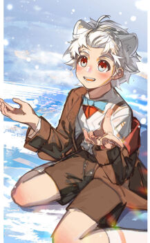 1boy animal_ears arknights blue_bow blue_bowtie blush bow bowtie brown_shorts brown_suit chinese_commentary commentary_request formal_clothes fox_boy fox_ears highres looking_up luosaihuer male_focus open_mouth qanipalaat_(arknights) qanipalaat_(gratitude_gift)_(arknights) shirt shorts smile snow socks suit suspenders white_hair white_shirt white_socks