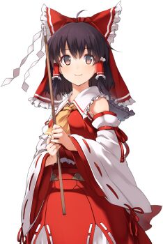 1girl artist_request ascot bow brown_eyes brown_hair closed_mouth detached_sleeves embellished_costume frilled_bow frilled_hair_tubes frills game_cg gohei hair_bow hair_tubes hakurei_reimu holding holding_gohei labyrinth_of_touhou_(series) labyrinth_of_touhou_2 long_hair looking_at_viewer official_art red_bow red_skirt ribbon-trimmed_sleeves ribbon_trim skirt skirt_set smile solo third-party_source touhou transparent_background yellow_ascot