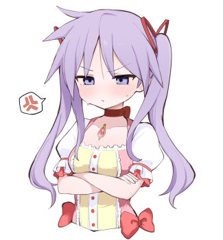 1girl alternate_costume anger_vein blush bow bow_choker choker collarbone commentary_request cosplay cropped_torso crossed_arms dress embarrassed frilled_dress frills gem highres hiiragi_kagami kaname_madoka kaname_madoka_(cosplay) lucky_star magical_girl mahou_shoujo_madoka_magica mahou_shoujo_madoka_magica_(anime) nicomi-chan pink_gemstone puffy_short_sleeves puffy_sleeves purple_eyes purple_hair red_choker short_sleeves simple_background solo sweatdrop twintails upper_body v-shaped_eyebrows white_background