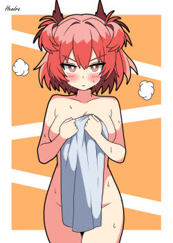 1girl absurdres animal_ears arknights bird_ears bird_girl blush breasts closed_mouth collarbone commentary_request covering_privates fiammetta_(arknights) hendra highres holding holding_towel large_breasts looking_at_viewer nude_cover orange_background red_eyes red_hair short_hair simple_background solo straight-on towel v-shaped_eyebrows