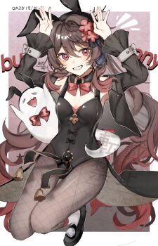 1girl animal_ear_hairband animal_ears black_hairband black_jacket black_leotard boo_tao_(genshin_impact) brown_hair bunny_day fake_animal_ears fishnet_pantyhose fishnets flower flower-shaped_pupils genshin_impact ghost hair_flower hair_ornament hairband highres hu_tao_(genshin_impact) jacket leotard long_hair milk_dake_25 open_clothes open_jacket pantyhose playboy_bunny rabbit_ear_hairband rabbit_ears red_eyes red_flower solo symbol-shaped_pupils very_long_hair