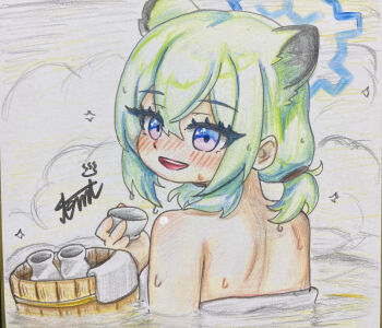 1girl absurdres animal_ears blue_archive blush commentary_request cup green_hair halo highres shigure_(blue_archive) shikishi solo tomimon towel traditional_media