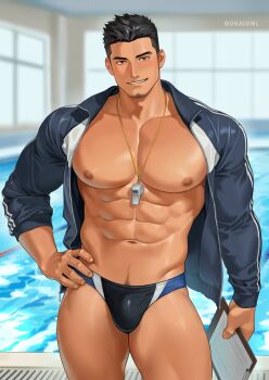 Rule 34 | 1boy, abs, bara, bare pectorals, biceps, black eyes, black hair, black jacket, black male swimwear, blue male swimwear, broad shoulders, bulge, clipboard, coach, cowboy shot, facial hair, goatee stubble, grin, groin, hand on own hip, highres, holding, holding clipboard, huge pectorals, jacket, looking at viewer, male focus, male swimwear, multicolored jacket, muscular, muscular arms, muscular male, navel, nipples, open clothes, open jacket, original, pectorals, pool, pubic hair, shiny skin, sleeve rolled up, smile, solo, striped clothes, striped jacket, stubble, swim briefs, thighs, track jacket, twitter username, two-tone jacket, uhai, whistle, whistle around neck