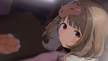 Rule 34 | 1girl, blonde streaks, blurry, blurry background, brown hair, closed mouth, gradient eyes, grey hoodie, hamu6802, hashtag-only commentary, hood, hood down, hoodie, indoors, looking at viewer, looking back, mask, mask on head, medium hair, multicolored eyes, portrait, purple eyes, red eyes, sendo yuuhi, sendo yuuhi (loungewear), sleep mask, smile, solo, virtual youtuber, vspo!