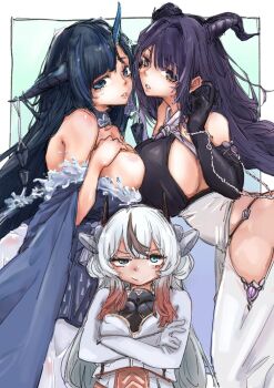 Rule 34 | 3girls, aqua eyes, azur lane, black gloves, black hair, black horns, blue horns, blue kimono, breast press, breasts, closed mouth, commentary request, crossed arms, dragon girl, dragon horns, elbow gloves, gloves, gradient hair, gueeer315, height difference, highres, horns, japanese clothes, kimono, l'indomptable (azur lane), large breasts, long hair, looking at viewer, multicolored hair, multiple girls, nayoro (azur lane), parted lips, purple hair, red hair, symmetrical docking, unamused, unryuu (azur lane), white hair, yellow eyes