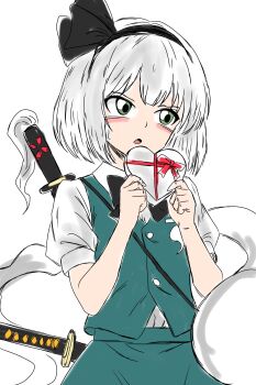 1girl black_bow black_bowtie black_hairband black_ribbon blush bow bowtie box buttons collared_shirt commentary_request gift gift_box green_eyes green_skirt green_vest grey_hair hair_ribbon hairband heart-shaped_box highres hitodama hitodama_print holding holding_box holding_gift kametoyou katana konpaku_youmu konpaku_youmu_(ghost) looking_to_the_side puffy_short_sleeves puffy_sleeves red_bow ribbon sheath sheathed shirt short_hair short_sleeves simple_background skirt skirt_set small_sweatdrop solo sword sword_on_back touhou valentine vest weapon weapon_on_back white_background white_shirt