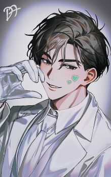 1boy alien_stage artist_name black_eyes black_hair collared_shirt daenarys eyelashes fang formal_clothes gloves grey_background grin hair_between_eyes half-heart_hands hand_up hashtag-only_commentary heart implied_yaoi ivan_(alien_stage) jacket long_sleeves looking_at_viewer male_focus necktie parted_lips red_pupils shirt short_hair simple_background smile solo sticker sticker_on_face suit upper_body white_gloves white_jacket white_necktie white_shirt white_suit