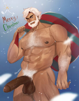 1boy abs arm_hair bara blue_eyes chest_hair cookie_run cowboy_shot eggnog_cookie erection facial_hair girthy_penis hairy highres huge_penis humanization large_pectorals looking_at_viewer male_focus mature_male merry_christmas muscular muscular_male mustache navel navel_hair nipples pectorals penis poysan santa_costume short_hair smile solo standing stomach strongman_waist thick_eyebrows thick_thighs thighs uncensored white_hair