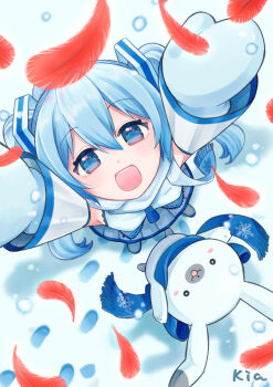 1girl 1other aqua_eyes aqua_hair arms_up blue_scarf blue_trim detached_sleeves falling_feathers feathers grey_skirt hair_between_eyes hair_ornament hatsune_miku highres kia_(kia1206kia) light_blush long_hair long_sleeves looking_up mittens official_alternate_costume open_mouth rabbit rabbit_yukine red_feathers scarf shirt skirt smile snowflake_print twintails very_long_hair vocaloid white_mittens white_scarf white_shirt wide_sleeves yuki_miku yuki_miku_(2011)