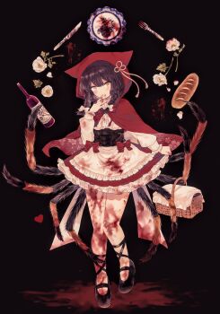 1girl absurdres arthropod_girl arthropod_limbs back_bow basket black_background black_hair black_shoes blood blood_on_clothes bottle bow braid bread butter_knife cape center-flap_bangs commentary_request dress flower food fork hair_between_eyes highres hood hood_up hooded_cape insect_girl knife little_red_riding_hood_(fairy_tale) long_sleeves low_twin_braids plate puffy_long_sleeves puffy_sleeves red_cape shoes solo spider_girl twin_braids white_bow white_dress white_eyes white_flower y_o_u_k_a yellow_eyes