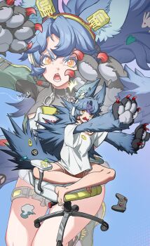 1girl animal_ears artist_request bug camille_(hati)_(dislyte) chair controller dislyte food-themed_tail_ornament game_cg game_controller grey_hair headphones heart_tail_ornament highres official_art open_mouth orange_eyes rabbit_tail_ornament red_claws shorts solo swivel_chair tail tail_ornament third-party_source wolf_ears wolf_tail