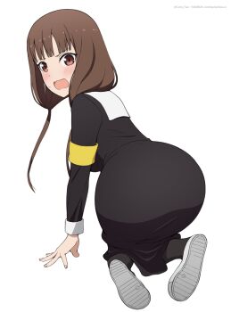 1girl all_fours armband ass ass_focus black_dress blush breasts brown_eyes brown_hair commentary coro_fae dress embarrassed from_behind highres iino_miko kaguya-sama_wa_kokurasetai_~tensai-tachi_no_renai_zunousen~ long_hair long_sleeves looking_at_viewer looking_back low_twintails open_mouth paid_reward_available school_uniform shoes shuuchiin_academy_school_uniform simple_background small_sweatdrop solo twintails twitter_username uwabaki wavy_mouth white_background yellow_armband