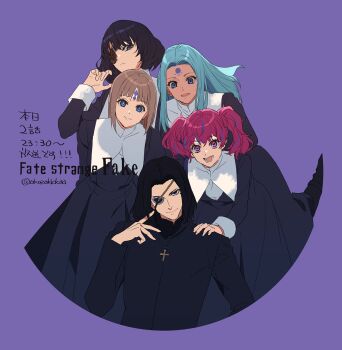 1boy 4girls black_hair commentary_request copyright_name cross cross_necklace dark-skinned_female dark_skin eyepatch facial_mark fate/strange_fake fate_(series) forehead_mark hansa_cervantes highres jacket jewelry katya_kambanellis long_sleeves maysia_kwo multicolored_hair multiple_girls necklace nun okazaki_oka one_eye_covered priest purple_background purple_hair red_hair shanti_mukherjee simple_background smile twintails twitter_username two-tone_hair viola_wahlstrom