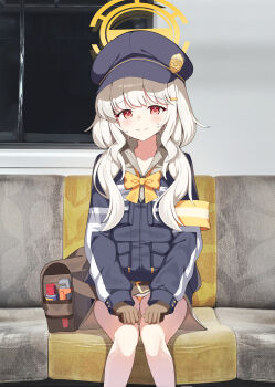 Rule 34 | 1girl, absurdres, aoba (blue archive), armband, bag, bag charm, black boots, blonde hair, blue archive, blue hat, blush, boots, bow, bowtie, brown gloves, charm (object), closed eyes, closed mouth, commentary request, feet out of frame, gloves, hair ornament, hairclip, halo, hands on own thighs, hat, highres, jacket, long hair, long sleeves, open mouth, orange panties, panties, pantyshot, red eyes, sitting, skirt, sob (submar1089), sweat, underwear, yellow armband, yellow halo