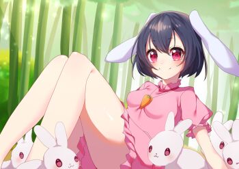 1girl animal_ears bare_legs black_hair blush carrot_necklace commentary dress feet_out_of_frame forest frilled_sleeves frills inaba_tewi jewelry looking_at_viewer lop_rabbit_ears myarikuru nature necklace outdoors pink_dress puffy_short_sleeves puffy_sleeves rabbit_ears rabbit_girl red_eyes short_hair short_sleeves sitting smile solo touhou white_rabbit_(animal)