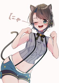 Rule 34 | 1girl, ;d, absurdres, animal ears, artist name, bare arms, belt, black bow, black bowtie, blue eyes, blue shorts, blush, bow, bowtie, breasts, brooch, brown hair, cat ears, cat tail, cowboy shot, cropped shirt, cross hair ornament, emutakanoe, grey shirt, hair ornament, high collar, highres, hololive, jewelry, knees together feet apart, large breasts, looking at viewer, midriff, navel, one eye closed, oozora subaru, oozora subaru (suspenders), open mouth, panties, panty peek, paw pose, pinstripe pattern, pinstripe shirt, shirt, short hair, shorts, signature, sleeveless, sleeveless shirt, smile, solo, star (symbol), star brooch, star hair ornament, suspender shorts, suspenders, swept bangs, tail, underwear, virtual youtuber, white background, white belt