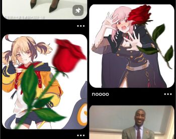 1boy 2girls :3 ahoge black_dress black_gloves black_shorts blurry blurry_foreground blush brown_hair commentary cowboy_shot dark-skinned_male dark_skin dress fingerless_gloves flower gigi_murin gigi_murin_(1st_costume) gloves happy_(yppah1060) highres hololive hololive_english hood hood_down hooded_shrug long_hair long_sleeves looking_at_viewer meme mori_calliope mori_calliope_(1st_costume) motion_blur multicolored_hair multiple_girls open_mouth orange_shrug photo-referenced pink_eyes pink_hair red_eyes rose short_hair shorts shrug_(clothing) smile standing symbol-only_commentary twintails two-tone_hair upper_body virtual_youtuber woe_plague_be_upon_ye_(meme)