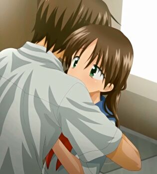 1boy 1girl anime_screenshot blush brother_and_sister brown_hair green_eyes highres hug hugging_the_other_person in_the_kitchen oyasumi_sex school_uniform serafuku short_hair siblings sleeping_pills standing stitched third-party_edit tsukioka_yui twintails