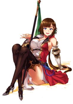 Rule 34 | 1girl, absurdres, blue eyes, boots, breasts, brown hair, female focus, granblue fantasy, high heel boots, high heels, highres, large breasts, leona (granblue fantasy), low ponytail, panties, pantyshot, polearm, ponytail, simple background, sitting, smile, solo, spear, thigh boots, thighhighs, thighs, underwear, weapon, white background, white panties, yumeno tanuki