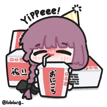 1girl alcohol_carton black_bow blunt_bangs blush bocchi_the_rock! bow braid chibi chibi_only closed_eyes drink_carton drinking drinking_straw drunk facing_viewer full_body hair_bow happy hashtag-only_commentary hat highres hiroi_kikuri long_hair lulalang mini_hat mini_party_hat party_hat purple_hair simple_background single_braid smile solo twitter_username white_background