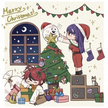 1boy 1girl ahoge antlers bag black_eyes black_streaks bow bowtie brain brown_pants candy candy_cane cat chest_of_drawers christmas christmas_ornaments christmas_stocking commentary crescent_moon dress drooling earrings figure flying_sweatdrops food fur-trimmed_gloves fur_trim fusn99 gift glasses gloves green_bow hat highres horns jewelry long_hair looking_at_another merry_christmas moon multicolored_hair night pants pink_bow purple_bow purple_hair reaching reaching_towards_another red_bow red_bowtie red_dress red_eyes red_hair reindeer_antlers santa_hat school_invader_(hundred_line) shirt shizuhara_hiruko short_hair sirei_(hundred_line) sleeping sparkle star_(sky) sticker streaked_hair sumino_takumi sweat the_hundred_line_-last_defense_academy- two-tone_hair white_gloves white_shirt