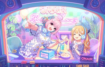 2girls ahoge balloon blonde_hair blue_shirt breast_pocket breasts chair chopsticks closed_eyes cup disposable_cup dress drinking_straw english_text fangs flame_print food foreshortening frying_pan futaba_anzu hair_ornament hair_ribbon hands_up headphones headphones_around_neck heart heart-shaped_mirror heart_hair_ornament heart_print idolmaster idolmaster_cinderella_girls idolmaster_cinderella_girls_starlight_stage kamaboko leaning_forward light_blush long_hair marshmallow medium_breasts multicolored_hair multiple_girls narutomaki official_art open_mouth outstretched_arm pink_eyes pink_hair pink_ribbon plant pocket pointing pointing_at_viewer potted_plant ribbon shirt standing tile_wall tiles two-tone_hair unworn_shirt v-shaped_eyebrows white_dress x_hair_ornament yumemi_riamu