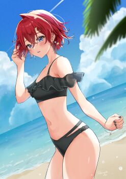 1girl absurdres alternate_costume ange_katrina armpit_crease artist_name bare_shoulders beach bikini black_bikini black_bow black_nails blue_eyes blue_sky blush bow bow_bikini bracelet breasts cloud collarbone commentary_request contrail cowboy_shot crossed_bangs day double-parted_bangs dutch_angle earrings eyelashes frilled_bikini frills from_side glint hair_between_eyes hair_ornament hairclip hand_up highres horizon jewelry long_bangs looking_at_viewer looking_to_the_side multi-strapped_bikini_bottom nail_polish navel nijisanji ocean open_mouth outdoors partial_commentary red_hair shell shell_earrings shirushi_aoi shore short_hair single_hair_intake sky small_breasts solo swimsuit virtual_youtuber