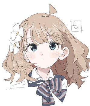Rule 34 | 1girl, absurdres, ahoge, blue eyes, blush, bow, brown hair, closed mouth, flower, hair flower, hair ornament, highres, idolmaster, idolmaster million live!, long hair, looking at viewer, meeeeeeco359, portrait, shirt, solo, striped background, striped bow, suou momoko, white background, white flower, white shirt