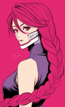 1girl acrobatic_silky_(dandadan) asymmetrical_mask bare_shoulders black_leotard braid breasts dandadan divadiva548447 dual_persona hair_between_eyes heattech_leotard leotard long_hair looking_at_viewer medium_breasts parted_lips pink_background pink_eyes pink_hair shiratori_aira_(dandadan) sign single_braid teeth turtleneck upper_body
