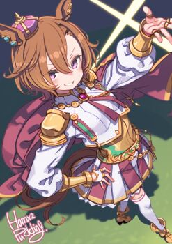 1girl animal_ears commentary_request crown highres horse_ears horse_girl horse_tail jewelry looking_at_viewer paid_reward_available puddinghomhom purple_eyes ring shirt skirt smile solo t.m._opera_o_(o_sole_suo!)_(umamusume) t.m._opera_o_(umamusume) tail thighhighs umamusume white_shirt white_thighhighs