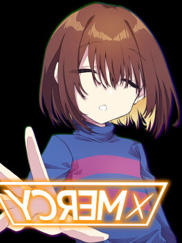1other black_background blue_shirt brown_hair closed_eyes commentary_request english_text frisk_(undertale) gameplay_mechanics highres mixed-language_commentary open_mouth shirt short_hair simple_background solo undertale upper_body utdr_(toby_fox) variant_set yami_nabe