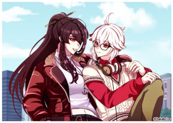 1boy 1girl anchor_necklace arm_around_shoulder beidou_(genshin_impact) beidou_(mcdonalds)_(genshin_impact) blue_sky breasts brown_hair building chakadolce cloud cloudy_sky collared_shirt commentary_request contemporary couple genshin_impact glasses grin hair_ornament hair_over_one_eye hair_stick hand_on_another&#039;s_shoulder hand_on_own_knee headphones headphones_around_neck hetero jacket jewelry kaedehara_kazuha kaedehara_kazuha_(mcdonalds) knee_up leather leather_jacket long_hair long_sleeves medium_breasts midriff navel necklace official_alternate_costume open_clothes open_jacket outdoors red_eyes red_shirt ring shirt sky smile sweater turtleneck turtleneck_shirt twitter_username upper_body wedding_ring white_hair white_shirt
