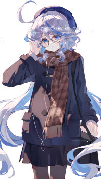 1girl absurdres adjusting_eyewear ahoge alternate_costume artist_name bag bespectacled black_bag black_skirt blue_eyes blue_gem blue_hair blue_hat blue_jacket blue_pupils blue_streaks brown_pantyhose brown_scarf chinese_commentary commission cowboy_shot drop-shaped_pupils earbuds earphones furina_(genshin_impact) gem genshin_impact glasses hair_between_eyes hat heterochromia highres jacket lixiang_guo_alice long_hair long_sleeves looking_at_viewer mismatched_pupils multicolored_hair pantyhose parted_lips plaid_clothes plaid_scarf pleated_skirt scarf shoulder_bag simple_background skirt solo streaked_hair symbol-shaped_pupils white_background white_hair