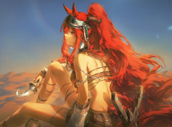 1girl animal_ears arknights bare_back bare_shoulders bikini bikini_top_only black_headband black_shorts blush breasts commentary dagger desert english_commentary from_behind headband helen_zzhao highres holding holding_dagger holding_knife holding_weapon horse_ears horse_girl horse_tail knife long_hair narantuya_(arknights) parted_lips ponytail red_hair shorts sidelocks solo swimsuit tail weapon