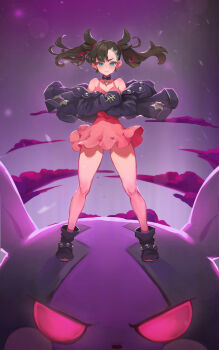 1girl aqua_eyes black_boots black_choker black_hair black_jacket boots breasts choker cleavage closed_mouth cloud commentary crossed_arms dress driverbunny37 dynamax earrings english_commentary floating_hair full_body gen_8_pokemon gunbuster_pose hair_ribbon highres jacket jewelry legs_apart long_hair looking_at_viewer marnie_(pokemon) medium_breasts morpeko morpeko_(hangry) nintendo off_shoulder pink_dress pokemon pokemon_(creature) pokemon_swsh purple_sky ribbon short_dress single_earring sky standing thighs twintails v-shaped_eyebrows wavy_hair wind wind_lift
