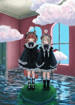 Rule 34 | 2girls, absurdres, akami karubi, alternate costume, animal ears, black dress, boots, bow, bowtie, brown hair, cloud, crazy raccoon, day, demon girl, demon horns, demon wings, dress, eyepatch, frilled dress, frilled sleeves, frills, hairband, highres, horns, knee boots, kneehighs, koze niire, liminal space, long hair, looking at viewer, makaino ririmu, matching outfits, medical eyepatch, multiple girls, nijisanji, raccoon ears, raccoon girl, raccoon tail, red hair, sleeves past fingers, sleeves past wrists, socks, tail, two side up, very long hair, virtual youtuber, window, wings