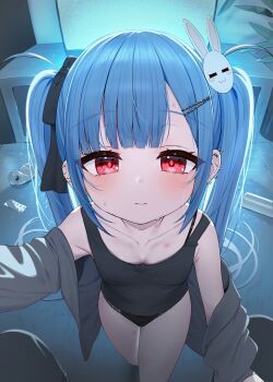 1girl black_panties black_ribbon black_tank_top blue_hair breasts can closed_mouth collarbone commentary ear_piercing grey_shirt hair_ornament hair_ribbon hairclip hickey highres indoors kanae_(tsukiman) long_hair long_sleeves looking_at_viewer off_shoulder open_clothes open_shirt original panties piercing pov rabbit_hair_ornament red_eyes ribbon shirt small_breasts solo_focus symbol-only_commentary tank_top tsukiman twintails underwear very_long_hair