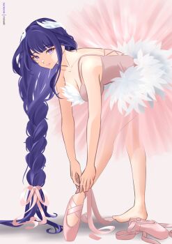 1girl absurdres alternate_costume alternate_universe artist_name ballerina ballet ballet_dress ballet_slippers barefoot bent_over blue_pupils blunt_bangs braid breasts cleavage collarbone commentary dress en_pointe english_commentary eyeliner feet full_body genshin_impact grey_background hair_ornament hair_ribbon hanging_breasts head_tilt highres huge_breasts long_braid long_hair looking_at_viewer looking_to_the_side makeup meisaki mole mole_under_eye multicolored_eyes multicolored_hair parted_lips pink_dress pink_lips pink_ribbon purple_eyes purple_hair raiden_shogun red_eyeliner ribbon shade single_braid smile solo teeth toes tutu