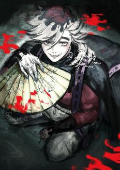 Rule 34 | 1boy, blonde hair, chanmura, commentary request, douma (kimetsu no yaiba), hair between eyes, kimetsu no yaiba, long hair, looking at viewer, male focus, patterned hair, red shirt, shirt, smile, solo, tamakoruki, tight clothes, tight shirt