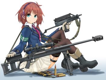 Rule 34 | .50 bmg, .50 bmg api-t m20, .50 bmg api m8, .50 bmg ball m2, .50 bmg incendiary m23, .50 bmg raufoss mk 211 heiap, 1girl, ammunition, anti-materiel cartridge, anti-materiel rifle, aqua eyes, ar-50, armalite, armband, armor-piercing ammunition, black boots, black thighhighs, blouse, blue hairband, blue jacket, boots, brown hair, bullet, calico light weapons systems, calico m950, calico m950a, closed eyes, commentary, commentary request, dress shirt, english commentary, frankford arsenal, full metal jacket (ammunition), gloves, green armband, gun, hair tie, hairband, handgun, helical magazine, high-capacity magazine, high-explosive cartridge, high-explosive incendiary armor-piercing ammunition, highres, hmg cartridge, holding, holding gun, holding weapon, horizontal magazine, incendiary ammunition, jacket, legwear garter, long sleeves, looking at viewer, low twintails, mac-10/11, magnum cartridge, match grade, match grade ammunition, match grade firearm, match grade rifle, medium hair, mikeran (mikelan), military cartridge, miniskirt, mixed-language commentary, necktie, original, pistol, pleated skirt, purple necktie, revision, rifle, rifle cartridge, school uniform, scope, shadow, shirt, sitting, skirt, smile, sniper rifle, solo, stock (firearm), submachine gun, supersonic ammunition, tactical school uniform, telescoping stock, thigh strap, thighhighs, tracer ammunition, trigger discipline, twintails, vertical forward grip, weapon, white background, white gloves, white shirt, white skirt, winchester repeating arms company, wing collar